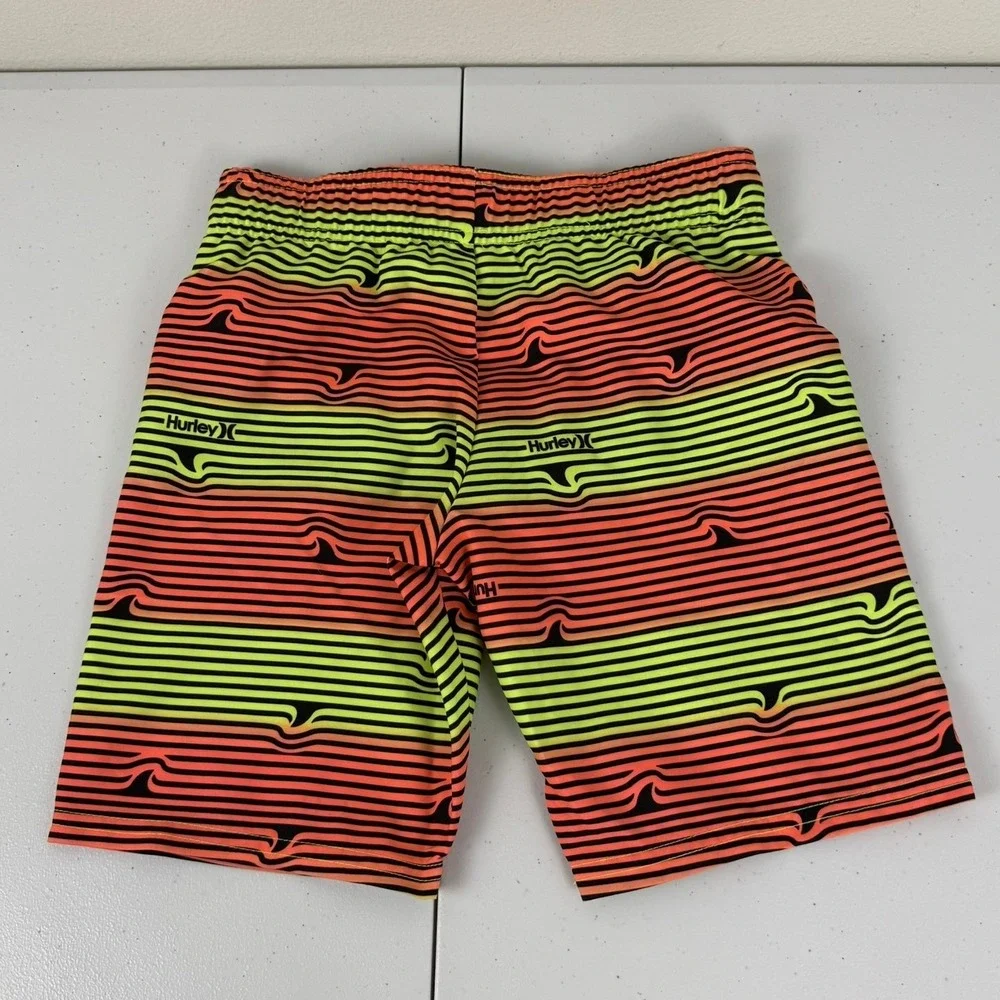 Hurley Boys 7 Swim Trunks Orange Neon Yellow Striped Shark Fin Board Shorts NWOT